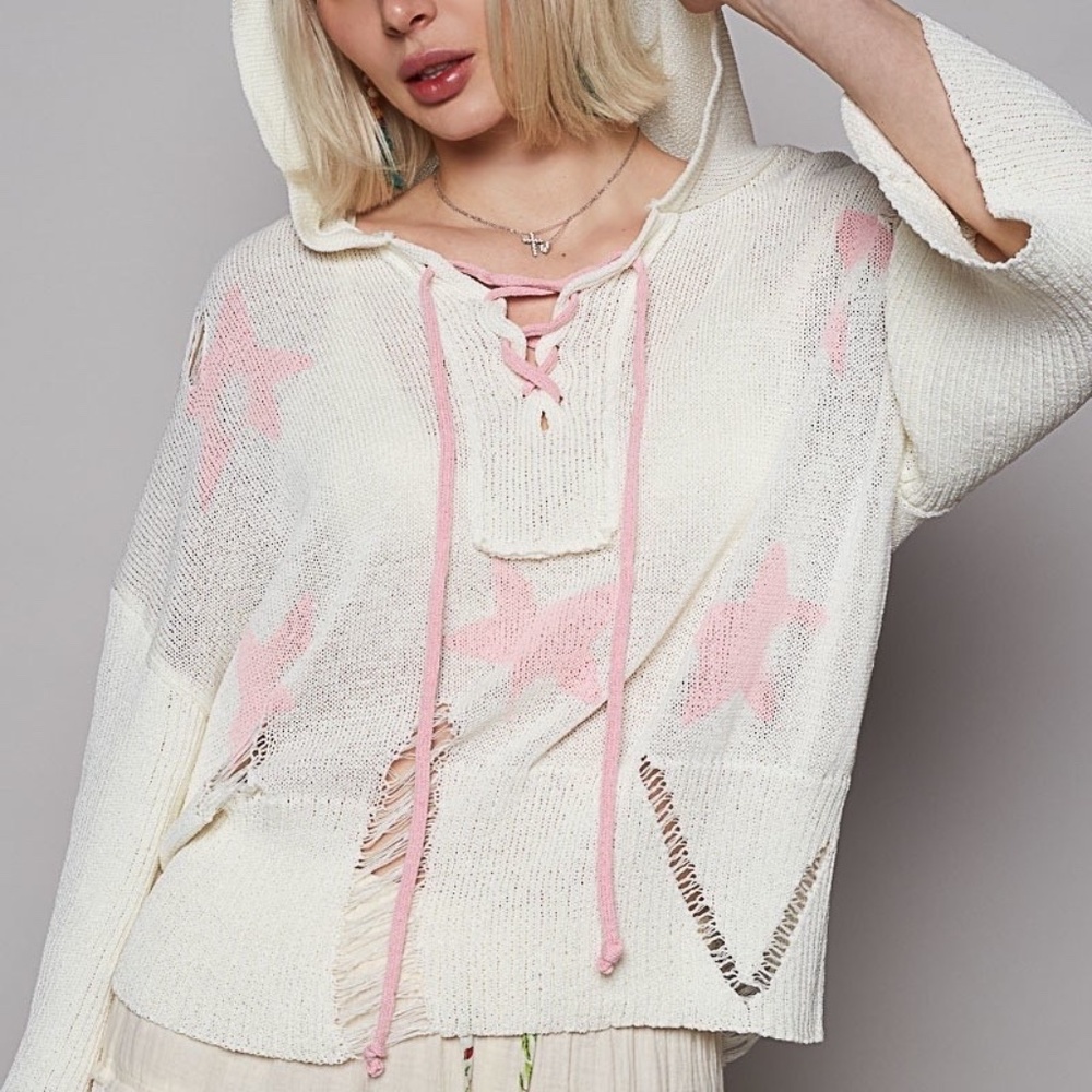 POL Clothing Distressed Star Pattern Hoodie 3/4 Sleeve Large Pink Sweatshirt - Picture 5 of 8